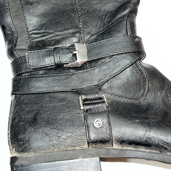 GUESS BLACK Harson TALL RIDING BOOTS 9M side zip buckle GGHILIGHT stretchy calf - Picture 2 of 14